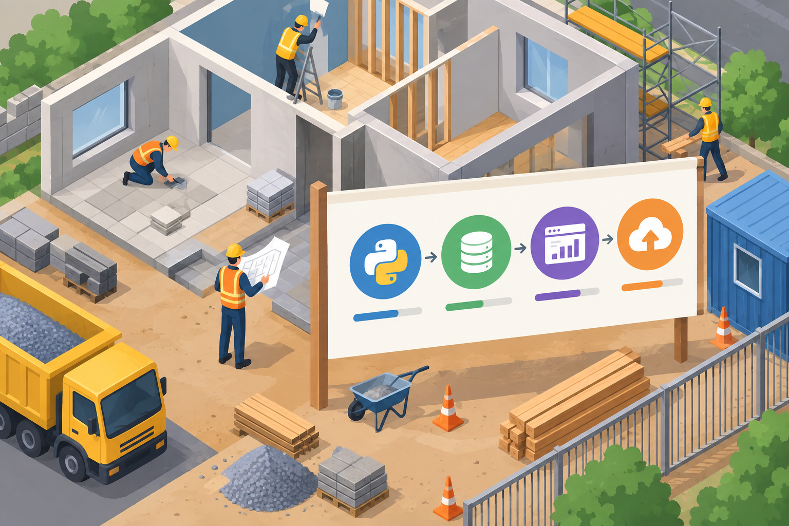 Minh họa isometric một công trường remodeling với bảng kế hoạch gồm bốn chặng: Python nền tảng, quản lý dữ liệu, Streamlit và triển khai