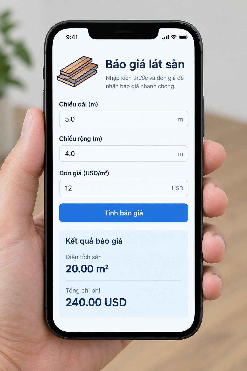 Mockup giao diện Streamlit báo giá lát sàn trên màn hình điện thoại, có chiều dài, chiều rộng, đơn giá USD và nút tính báo giá