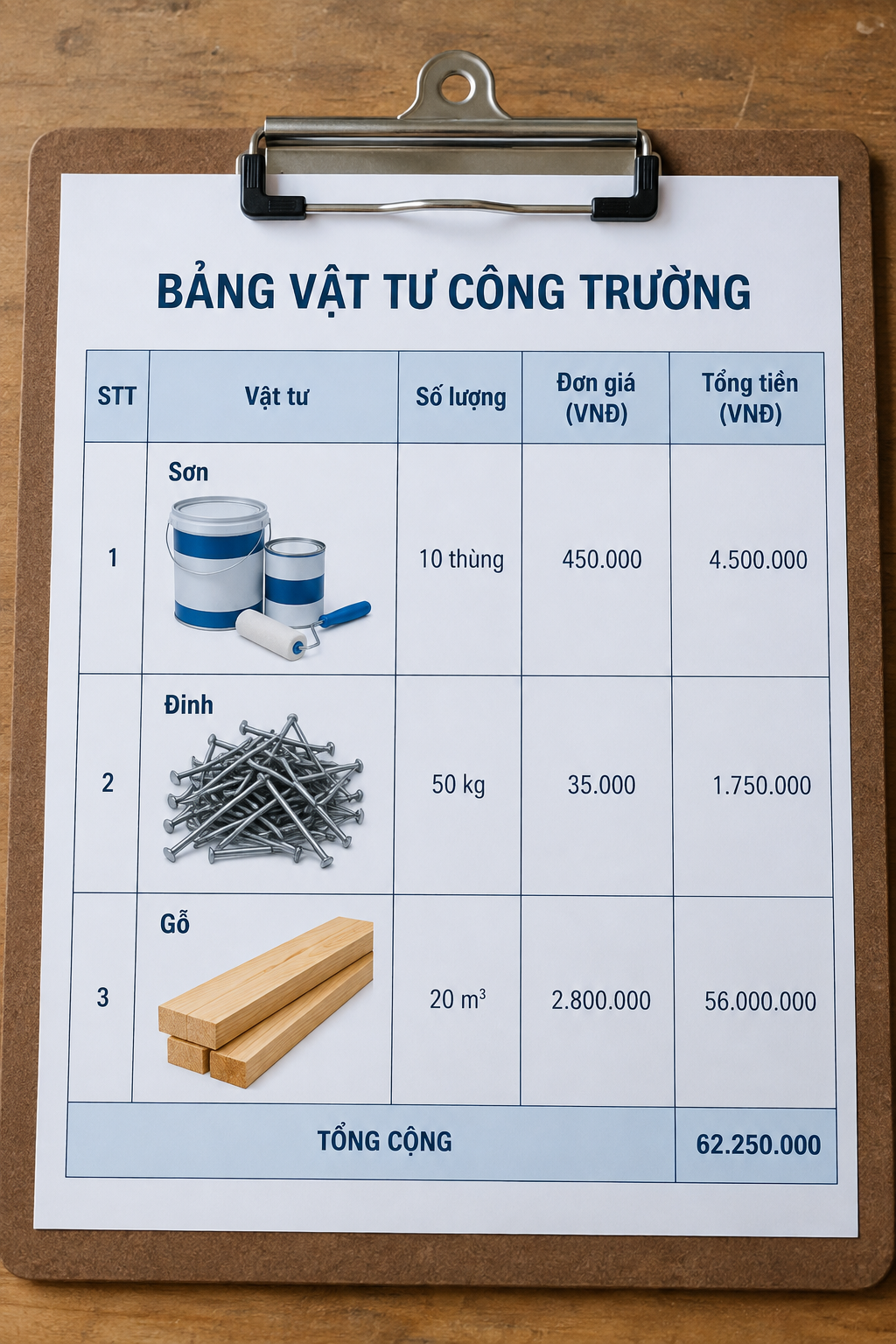 Bảng vật tư công trường gồm sơn, đinh và gỗ với số lượng, đơn giá và tổng tiền