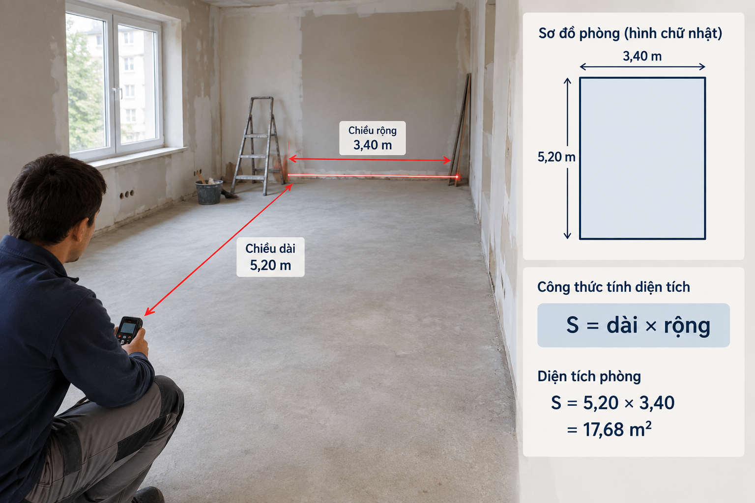 Cảnh đo chiều dài và chiều rộng một phòng đang cải tạo bằng thước laser, có sơ đồ hình chữ nhật và công thức diện tích